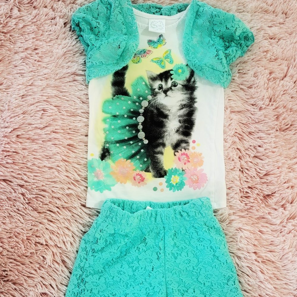 Pony Tails Green S/S Lace Bolero/Shrug Over Top With Green Lace Shorts Size 6